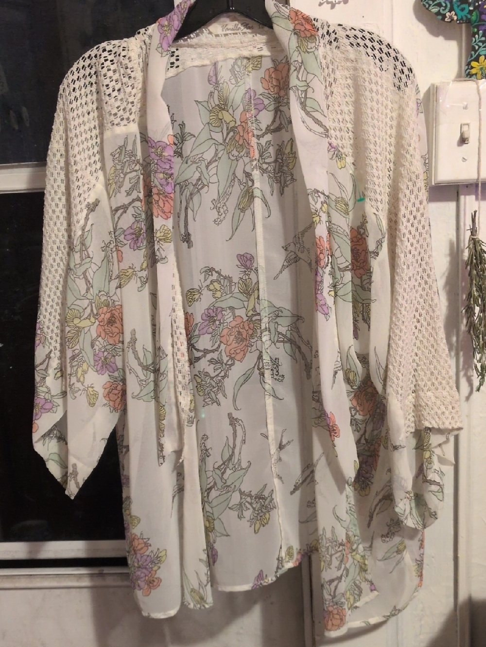 Vanilla Star Cream Sheer Floral Open Front Cardigan